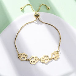 Золотой Латунные браслеты-слайдеры с цепочкой-коробкой, латунные браслеты с кошачьими лапками для женщин, золотые, внутренний диаметр: 2-1/8~ 2-1/2 дюйм (5.4~6.5 см)