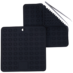 Black 2Pcs Square Silicone Hot Mats for Hot Dishes, Heat Resistant Pot Holder, Heat Insulation Pad Kitchen Tool, with 1Pc Iron Beading Tweezers, Black, 185x185x7mm, Hole: 12mm