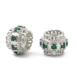 Зеленый Латунные микро проложить Цирконий Европейский бисером, бусины с большим отверстием, рондель, стойки покрытие, без кадмия и без свинца, долговечный, платина, зелёные, 10.5x7.5~8 мм, отверстие : 5.3 мм