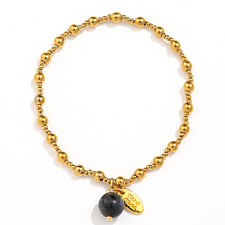 Larvikite 304 эластичные браслеты из нержавеющей стали для женщин, с овальным шармом, покрытым 18k золотом, и бусиной из натурального ларвикита, 7-1/8 дюйм (18 см)