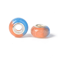 Light Salmon Rondelle Resin European Beads, Large Hole Beads, Imitation Stones, with Silver Tone Brass Double Cores, Light Salmon, 13.5x8mm, Hole: 5mm