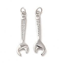 Real Platinum Plated Rack Plating Brass Micro Pave Cubic Zirconia Tool Pendants, Cadmium Free & Lead Free, Wrench Charm, with Jump Ring, Real Platinum Plated, 32x8x2.5mm, Hole: 3.4mm