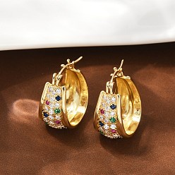 Разноцветный Латунные микро проложить серьги обруча кубического циркония, стойки покрытие, долговечный, без свинца и без кадмия, реальный 18 k позолоченный, красочный, 22x11.5 мм
