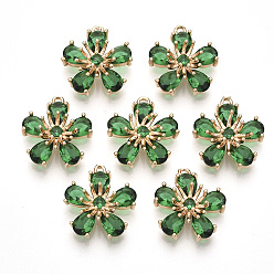 Морско-зеленый Прозрачные стеклянные подвески, с фурнитурой латунной золотого тона, граненые, цветок, цвета морской волны, 16x14.5x6 мм, отверстие : 1 мм