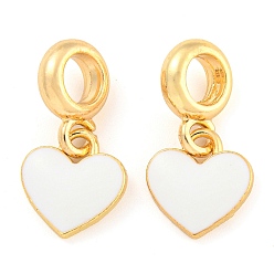 White Rack Plating Alloy Enamel Heart European Dangle Charms, Large Hole Pendants, Golden, Cadmium Free & Nickel Free & Lead Free, White, 22mm, Hole: 4.8mm, Heart: 11.5x11x2mm