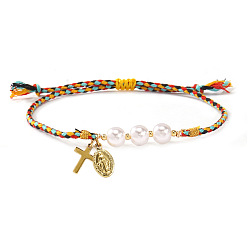 Разноцветный 304 из нержавеющей стали шарм браслеты, Браслеты из искусственного жемчуга и бисера, плетеные, для женщин., крест и овал с девой марией, красочный, 11.02 дюйм (28 см)