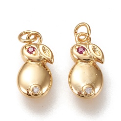 Золотой Латунные микро проложить кубического циркония подвески, долговечный, кролик, ярко-розовый и прозрачный, золотые, 15x7x2.5 мм, перемычки: 4x0.6 мм, внутренний диаметр: 2.8 мм
