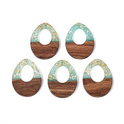 Средний Бирюзовый Подвески из непрозрачной смолы и орехового дерева, слезинки, с блестящей пудрой и золотой фольгой, средне бирюзовый, 37.5~38x28x3~4 мм, отверстие : 2 мм