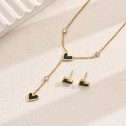 Золотой 201 комплект из ожерелья-лариата со стразами из нержавеющей стали и серег-гвоздиков, комплекты украшений в виде ракушек и сердец для женщин, золотые