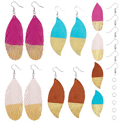 Mixed Color DIY Earring Making, with Eco-Friendly Sheepskin Leather Big Pendants, Brass Earring Hooks and Iron Open Jump Rings, Feather, Mixed Color
