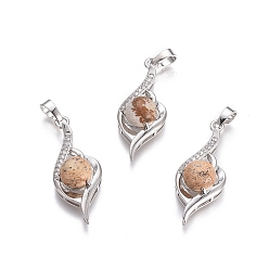 Пейзажный Джаспер Естественного изображения яшмы подвески, с латунными находками платинового тона и хрустальным стразами, цветок, 37.3x15x9.8 мм, отверстие : 7x4.5 мм