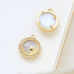 Star Brass Micro Pave Cubic Zirconia Pendants, with Cat Eyes, Half Round, Star, 15x13mm