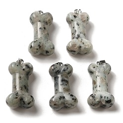 Jaspe Sésame Sésame naturel pendentifs jaspe, Breloques en os de chien avec fermoir en fer platine, 36~37x19.5~21x11~12.5mm, Trou: 7x4mm