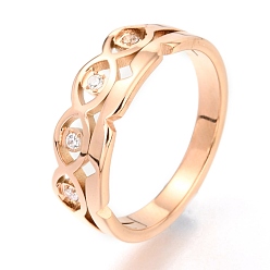 Rose Gold 304 Stainless Steel Finger Rings, with Crystal Rhinestone, Eye, Rose Gold, US Size 7, Inner Diameter: 17mm