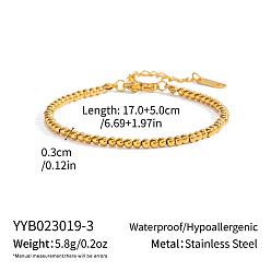 Real 18K Gold Plated 3MM 304 Stainless Steel Round Beaded Bracelets for Women, Real 18K Gold Plated, 6.69 inch(17cm)