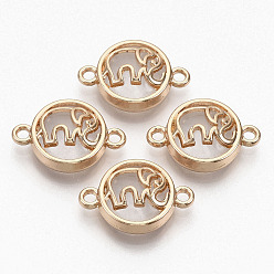 Clear Glass Links connectors, with Light Gold Plated Alloy Findings, Flat Round with Elephant, Clear, 13.5x19.5x5.5mm, Hole: 1.6mm