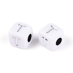 Letter T Непрозрачные акриловые бусины, куб с письмом, серебристого металла, обвитыми, Письмо T, 9~10x9~10x9~10 мм, отверстие : 4 мм, Около 625 шт / 500 г