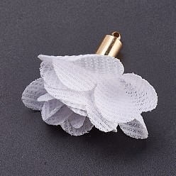 White Cloth Pendant Decorations, with Brass Findings, Flower, Golden, White, 32~34x21~27mm, Hole: 1mm