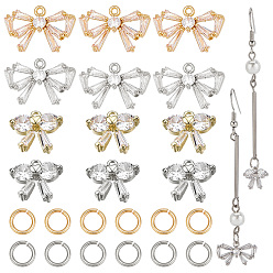 Platinum & Golden 16Pcs 4 Style Bowknot Brass Micro Pave Clear Cubic Zirconia Charms, with 100Pcs Open Jump Rings, Platinum & Golden, 9.5~10x10.5~16.5x3mm, Hole: 1~1.2mm, 4Pcs/style