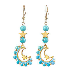 Golden 201 Stainless Steel Dangle Earrings, with Alloy & Gemston & Glass Seed Pendant, Moon, Golden, 62x21.5mm