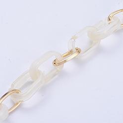 Antique White Handmade Paperclip Chains, Drawn Elongated Cable Chains, with Aluminium Linking Rinds and Acrylic Linking Rinds, Imitation Gemstone Style, Light Gold, Antique White, Link: 16x8x2mm, 18.5x11.5x4.5mm, 39.37 inch(1m)/strand