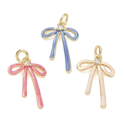 Color mezclado Colgantes de zirconia cúbica transparente con pavé de latón chapado en bastidor, encantos del bowknot, con esmalte, anilla y purpurina, sin plomo y cadmio, larga duración plateado, real 18 k chapado en oro, color mezclado, 20x13x2.5 mm, agujero: 3.5 mm