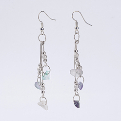 Флюорит Натуральные бусины флюорита болтаются серьги, с железными крючками выводы и латунные серьги, платина, 78 мм , штифт: 0.8 мм