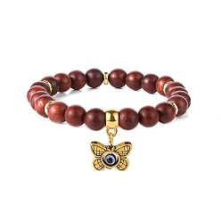 Mixed Color Wood Beaded Bracelets, Alloy Owl/Toitorse/Elephant/Eye/Butterfly Charm Bracelets for Women, Mixed Color, Inner Diameter: 2-1/4 inch(5.7cm), 5pcs/set