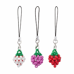 Mixed Color 3Pcs Glass Seed Beads Mobile Straps, Strawberry, Mixed Color, 9.2cm, 3pcs/set