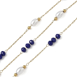 Темно-Синий 304 кабельные цепи из нержавеющей стали, со стеклом и АБС-пластиком, имитация жемчуга, ионное покрытие (ip), реальный 18 k позолоченный, пайки, с катушкой, круглый с овалом, темно-синий, 9.5x3.5 мм, около 32.81 футов (10 м) / рулон