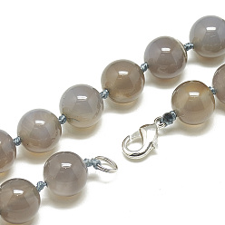Grey Agate Natural Grey Agate Beaded Necklaces, with Alloy Lobster Clasps, Round, 18.1 inch~18.5  inch(46~47cm), round: 11.5~12mm