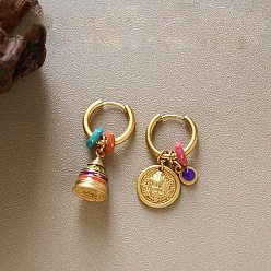 Colorful Brass Enamel Bell & Flat Round Hoop Dangle Earrings, Golden, Colorful, 28.5x9.4mm & 27.2x12mm