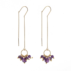 Аметист Латунные ушные нити, серьга, с круглыми бусинами из натурального аметиста, золотые, 69.5 мм, штифты : 0.7 мм