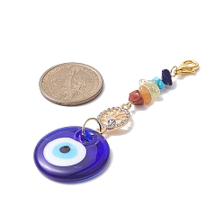 Flat Round Evil Eye Lampwork Pandant Decorations, with Alloy Rhinestone Links and Stainless Steel Lobster Claw Clasps, Gemstone Chip Bead, Flat Round, 95mm