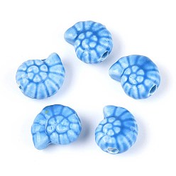 Озёрно--синий Ручной фарфоровые керамические шарики, яркие глазированный фарфор, формы раковины, Плут синий, 14x12x7.5~8 мм, отверстие : 2~2.5 мм