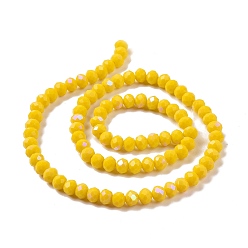 Yellow Electroplate Opaque Solid Color Glass Beads Strands, Half Rainbow Plated, Faceted, Rondelle, Yellow, 2.5x1.5mm, Hole: 0.4mm, about 195pcs/strand, 11 inch(27.5cm)