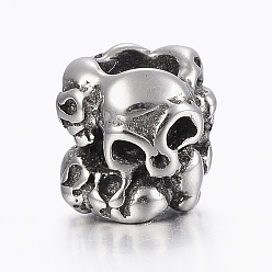 Antik Silber Farbe 316 chirurgische Edelstahlperlen, Schädel, Großloch perlen, Antik Silber Farbe, 12x9 mm, Bohrung: 8 mm