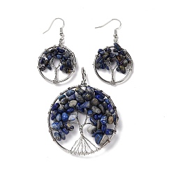 Ляпис-Лазурь Комплекты ювелирных изделий из латуни, большие подвески и подвесные серьги, с натуральным окрашенным лазуритом, платина, Кольцо с деревом жизни, 63~67x49~51x1.5~10 мм, отверстие : 4x5 мм, 50~55x28~30x1.5~8 мм, штифты : 0.8 мм