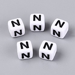 Letter N Opaque Acrylic Beads, Cube with Number, with Enamel, Black, Letter N, 7.5~8x7.5~8x8~8.5mm, Hole: 3.6~4mm, about 1200pcs/500g
