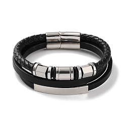 Stainless Steel Color Men's Braided Black PU Leather Cord Multi-Strand Bracelets, Rectangle & Column 304 Stainless Steel Link Bracelets with Magnetic Clasps, Stainless Steel Color, 8-3/4 inch(22.2cm)