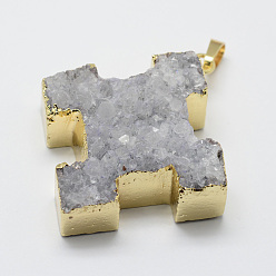 Silver Electroplated Natural Druzy Quartz Crystal Pendants, with Golden Plated Brass Findings, Puzzle, Big Pendants, Silver, 54mm, Hole: 8x5mm