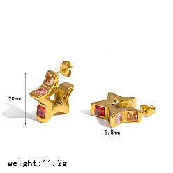Star 304 Stainless Steel Micro Pave Cubic Zirconia Stud Earrings, Half Hoop Earrings, Golden, Star, 20mm
