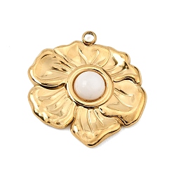 Oro Colgantes naturales ágata blanca, 304 Dijes de acero inoxidable con forma de flor y bisel, dorado, 24x23x4.5 mm, agujero: 1.6 mm