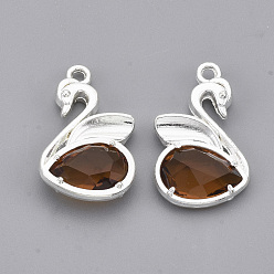 Silver Eco-Friendly Alloy Glass Pendants, Faceted, Nickel Free, Swan, Chocolate, Silver Color Plated, 20x12.5x4mm, Hole: 1.5mm