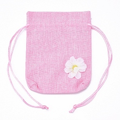 Pink Burlap Pouch Gift Sachet Bags, with Polyester Drawstring and Flower Applique, for Presents, Party Favor Gift Bags, Pink, 10x14.6cm