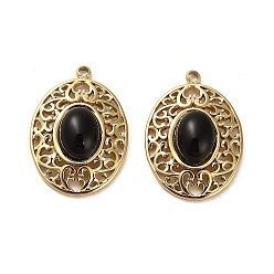 Obsidian Natural Obsidian Pendants, Oval Charms, with 304 Stainless Steel Settings High Polished, Real 14K Gold Plated, 21x15x5.5mm, Hole: 1.4mm