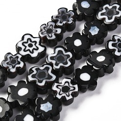 Black Handmade Millefiori Glass Bead Strands, Flower, Black, 6.4~9x3.2mm, Hole: 1mm, about 56pcs/Strand, 15.75''(40cm)