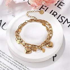 Настоящее золото 18K 304 стальные многожильных браслеты из нержавеющей очарование, браслеты из скрепок и кубинских цепочек для женщин, сердце, реальный 18 k позолоченный, 5-7/8 дюйм (15 см)