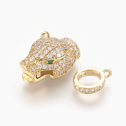 Golden Brass Micro Pave Cubic Zirconia Fold Over Clasps, Leopard Head, Clear, Golden, 19x10x8mm, Hole: 0.7~1.2mm