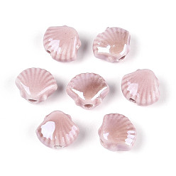 Розовый Фарфоровые бусины ручной работы, формы раковины, яркие глазированный фарфор, туманная роза, 9.5~10x11.5~12x6~6.5 мм, отверстие : 1.6~2 мм